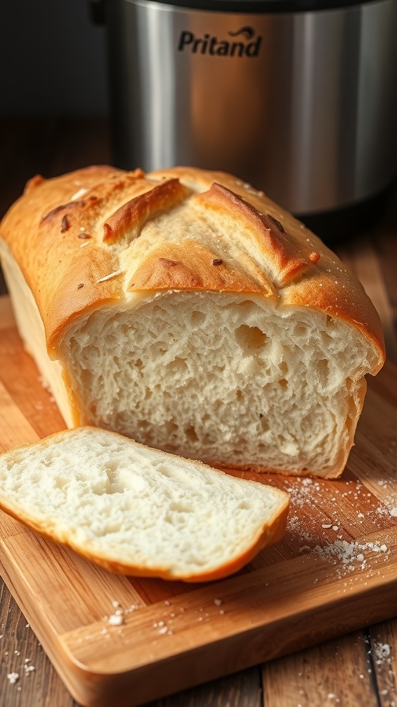 Bread Machine Basics: A Beginner A freshly baked loaf of bread on a cutting board with a slice cut out, beside a bread machine.